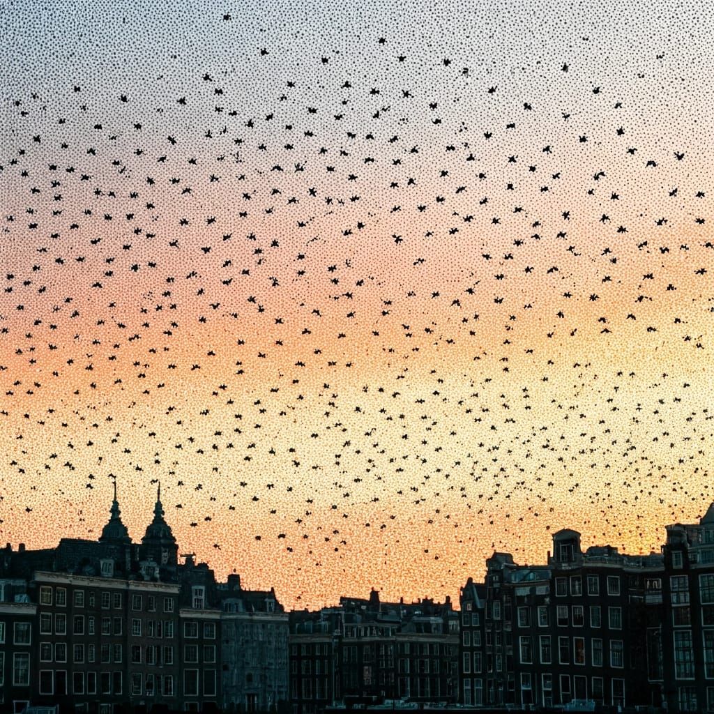 Sparrows Form Cloud Over Amsterdam, Ink Drawing