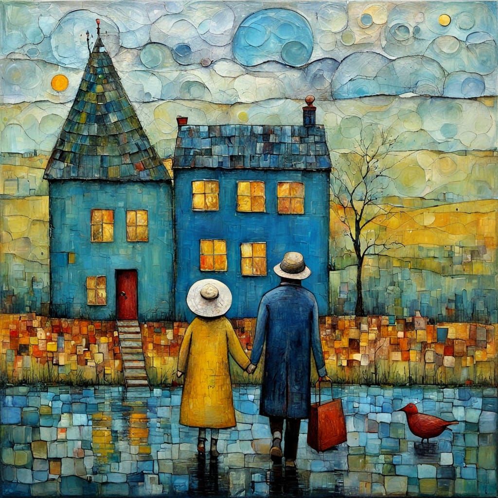 Encaustic Painting of Primitive Naive Figures