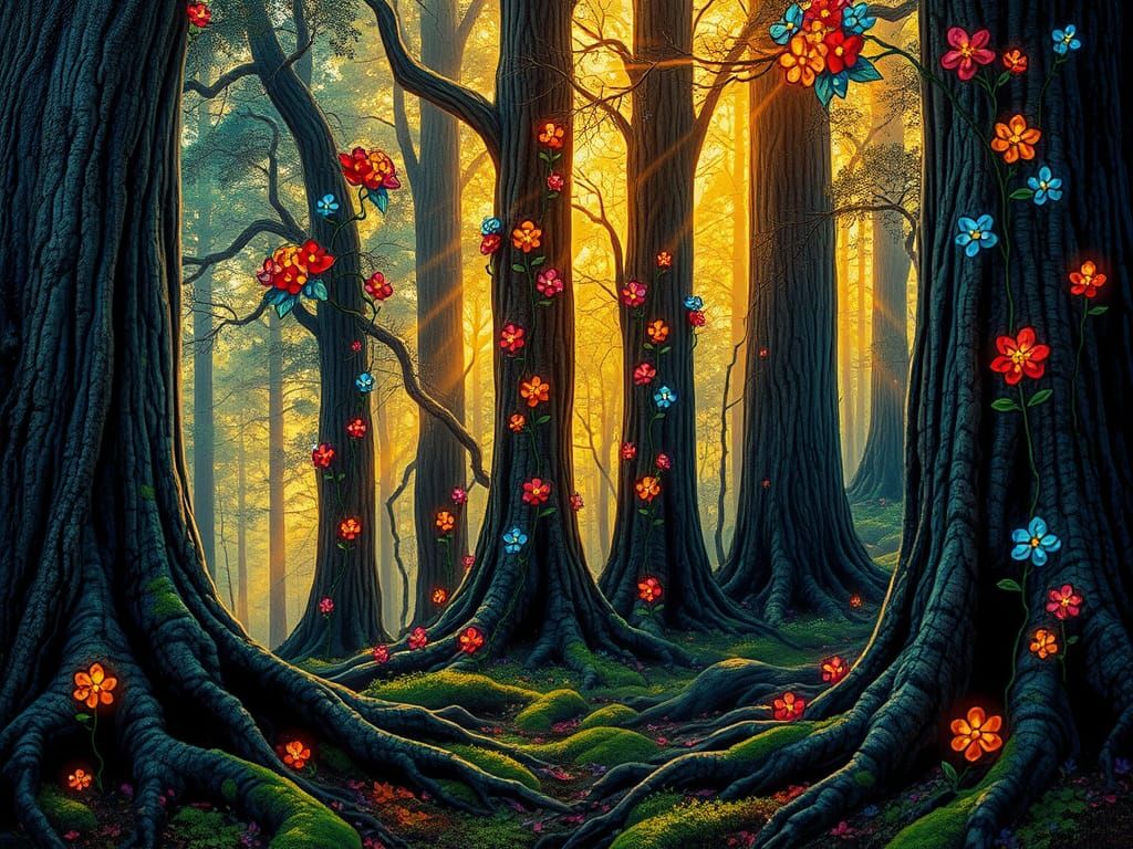 Vibrant Stained-Glass Flowers Bloom in a Dreamlike Forest