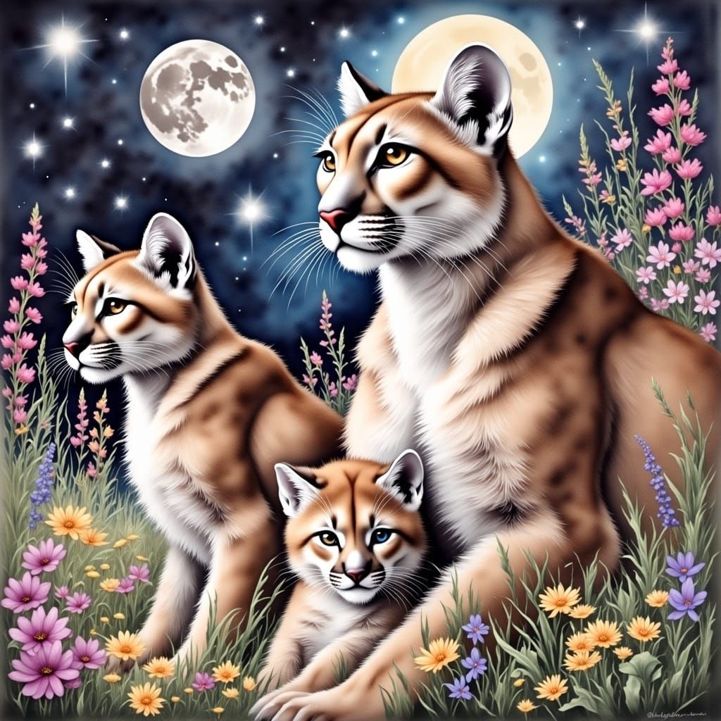 Mountain Lion Family in Charcoal and Watercolor