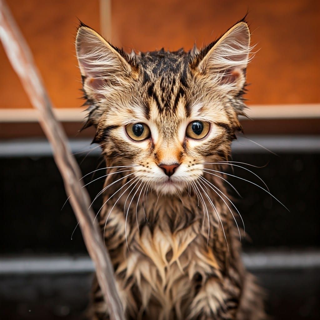 Unhappy Kitten's Bath Time: Photorealistic Style