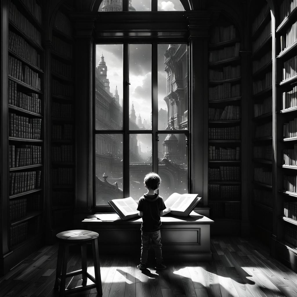 Boy Reads in Library, Playground View