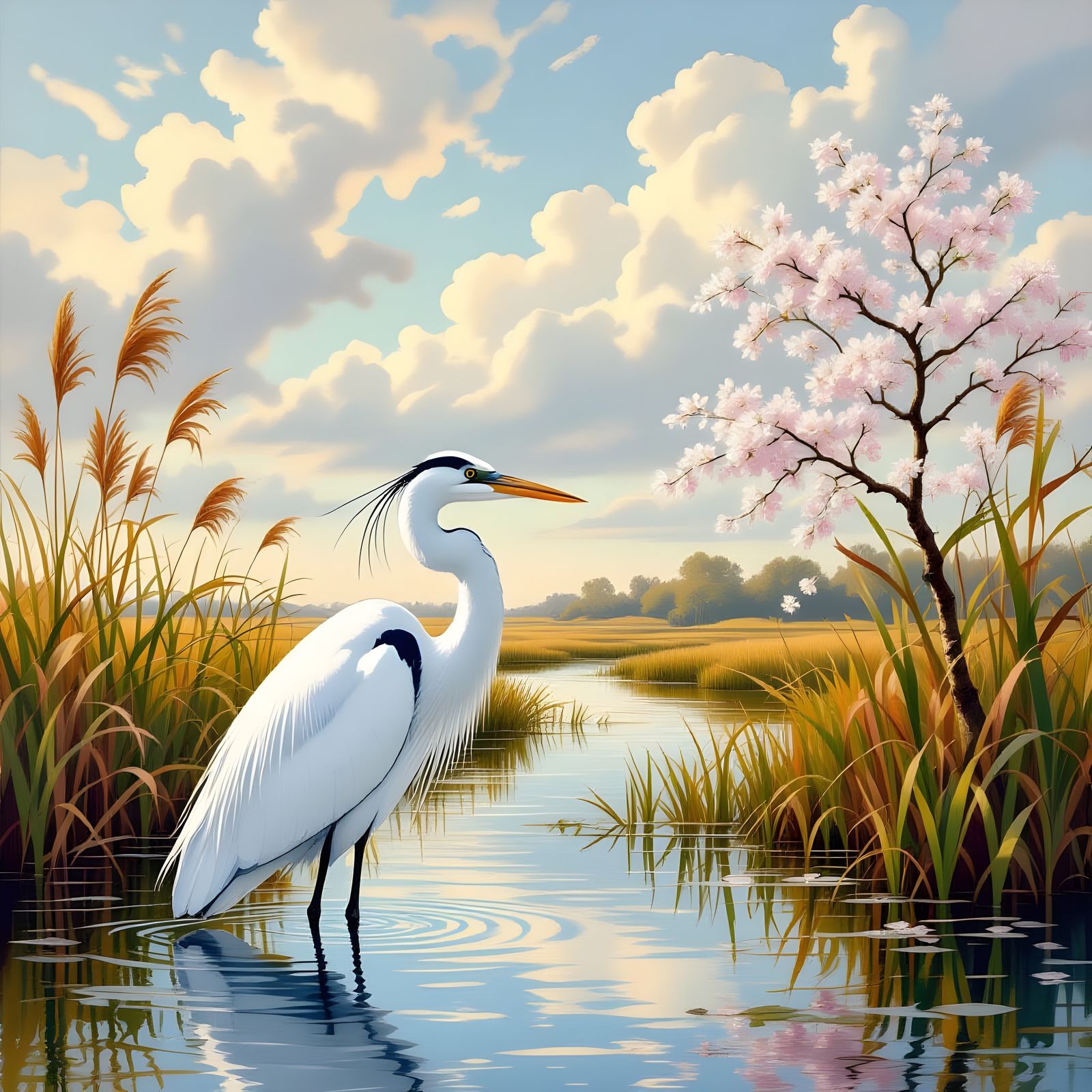 Great White Heron in Marsh with Flowering Trees