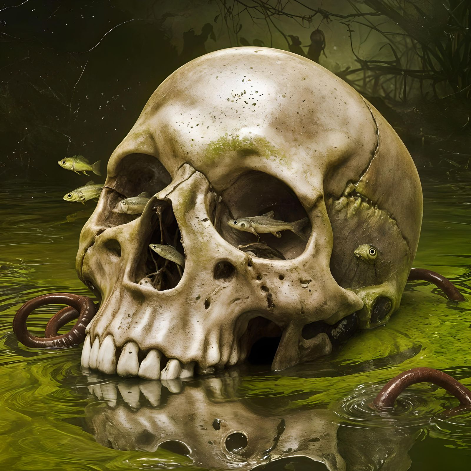 A human skull, half-submerged in stagnant, foul-smelling water