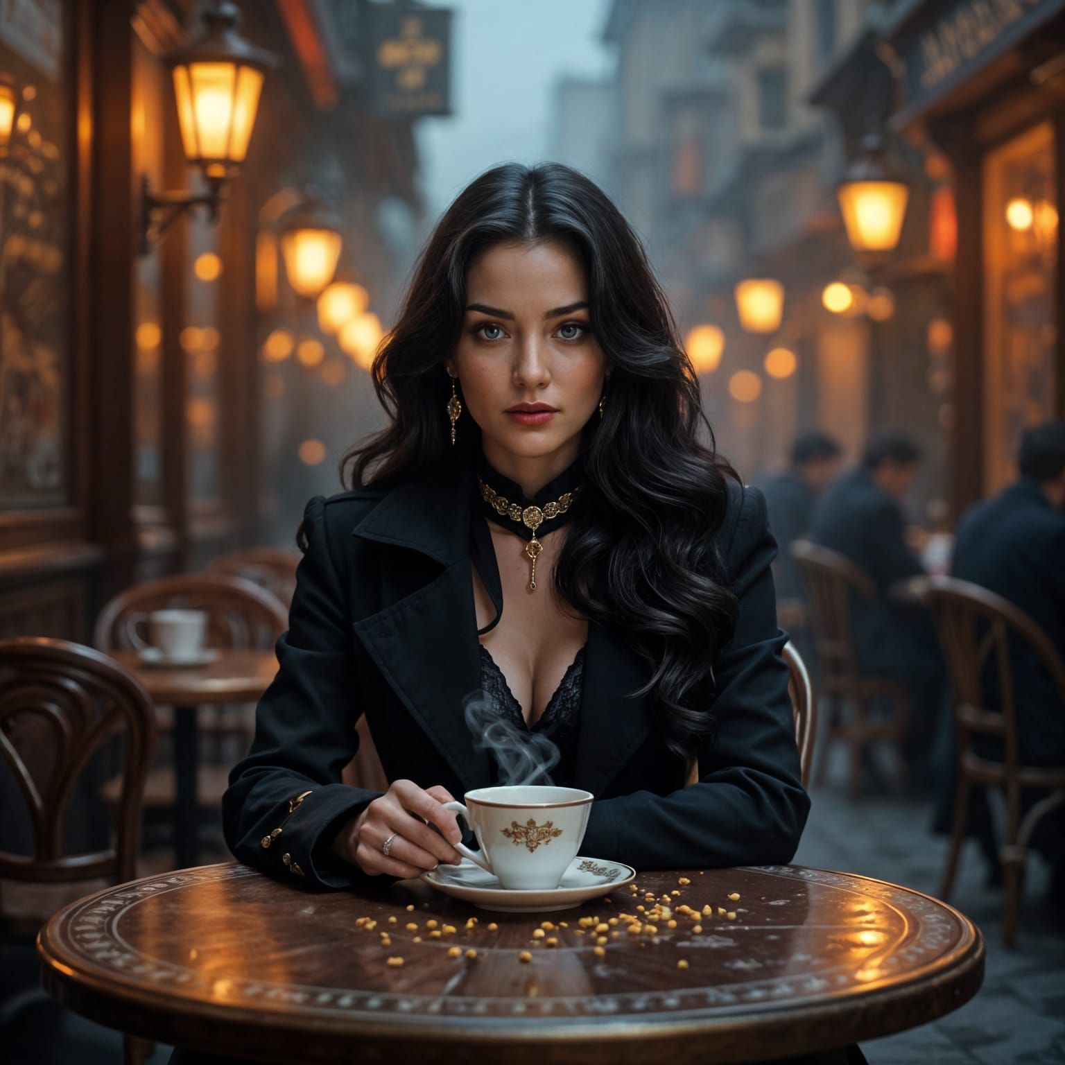 Melancholy Woman in Dim Cafe, Film Noir Style