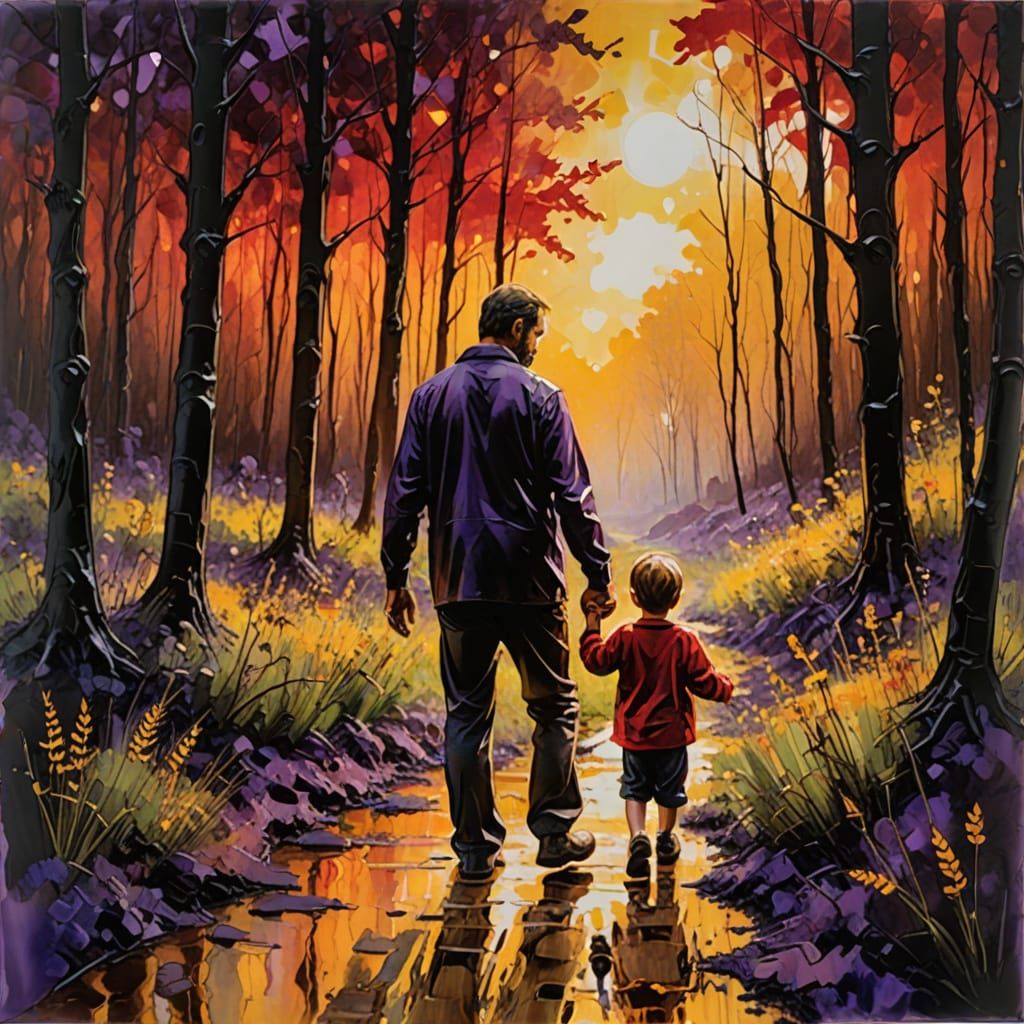 Father and Child in Forest, Encaustic Painting