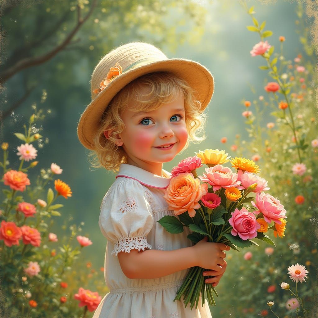 Joyful Boy Holding Flowers for Mama in a Vibrant Garden