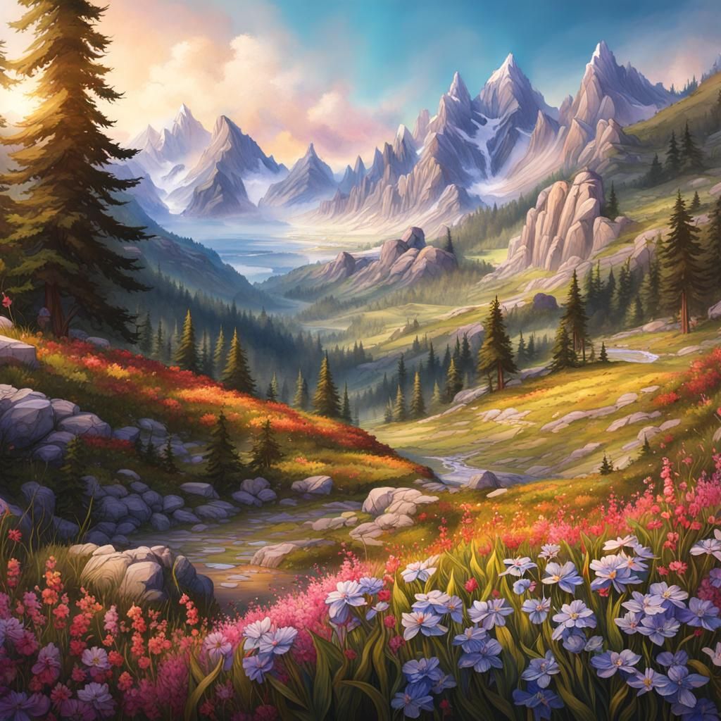 Detailed Watercolor Valley with Alpine Flowers