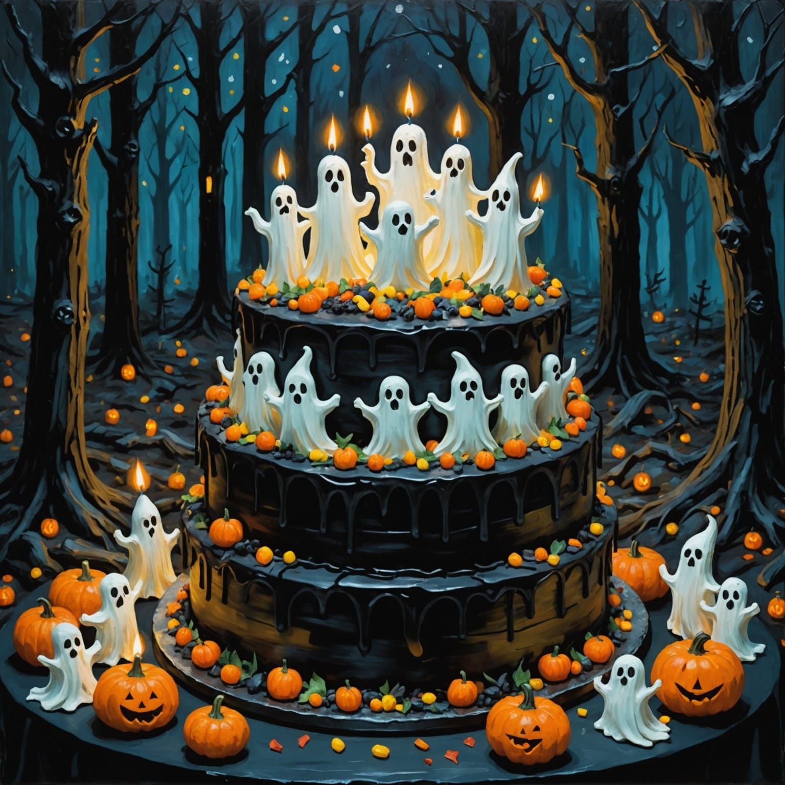 Spooky Ghosts Celebrate Birthday in Van Gogh Style