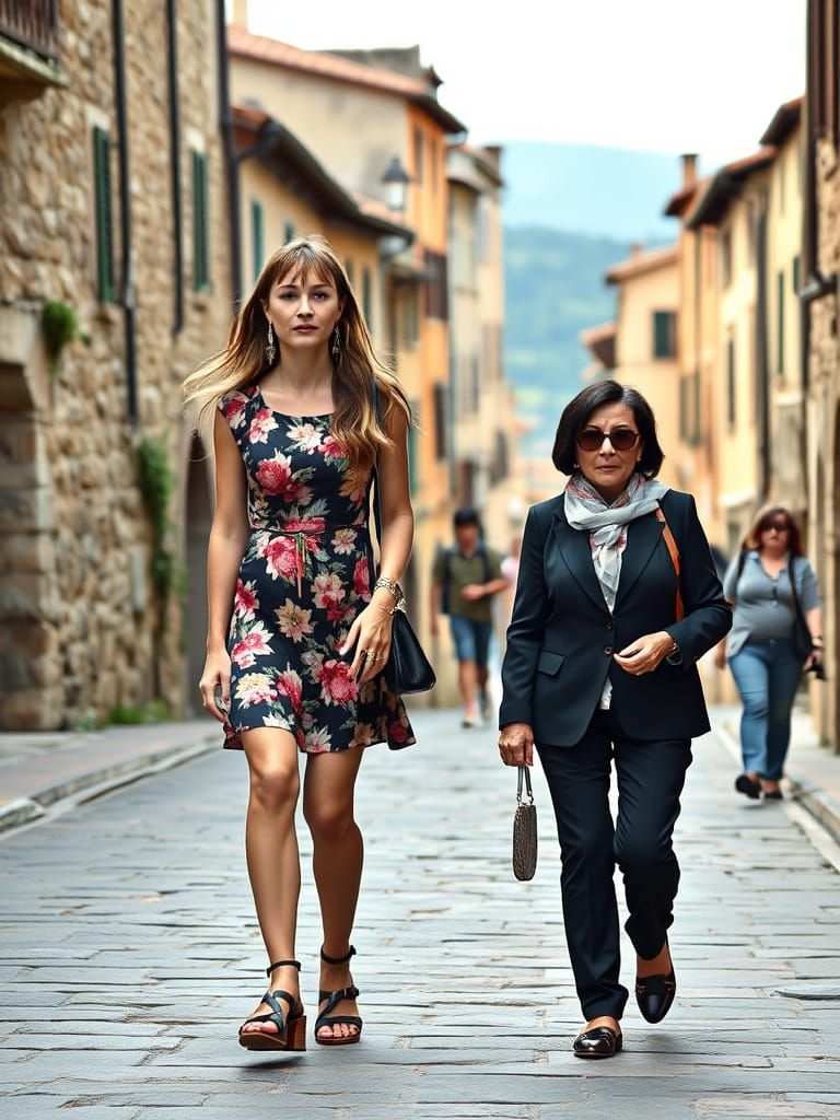 Sophisticated Tuscan Duo Strolls Down Medieval Hilltop Stree...
