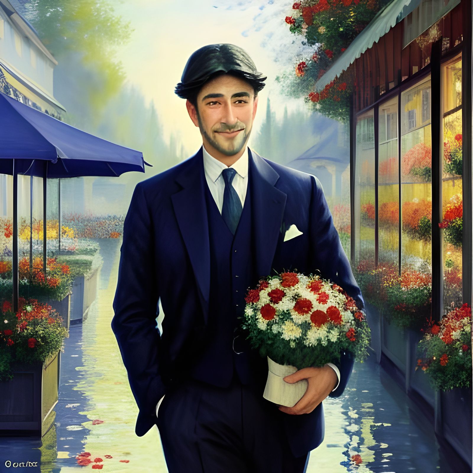 Man Leaving Flower Shop: Impressionistic Watercolor