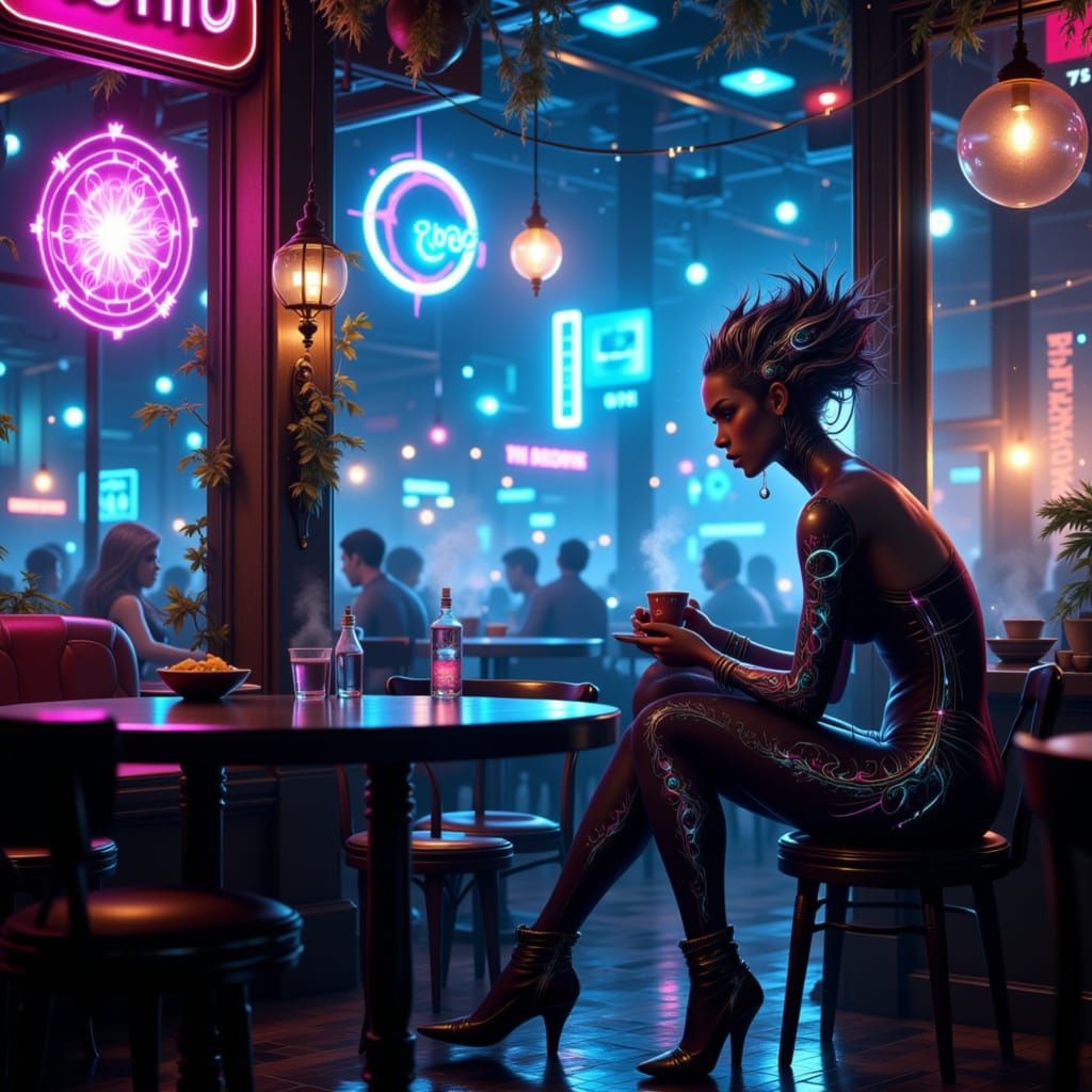 Cybernetic Woman in Celestial Cafe