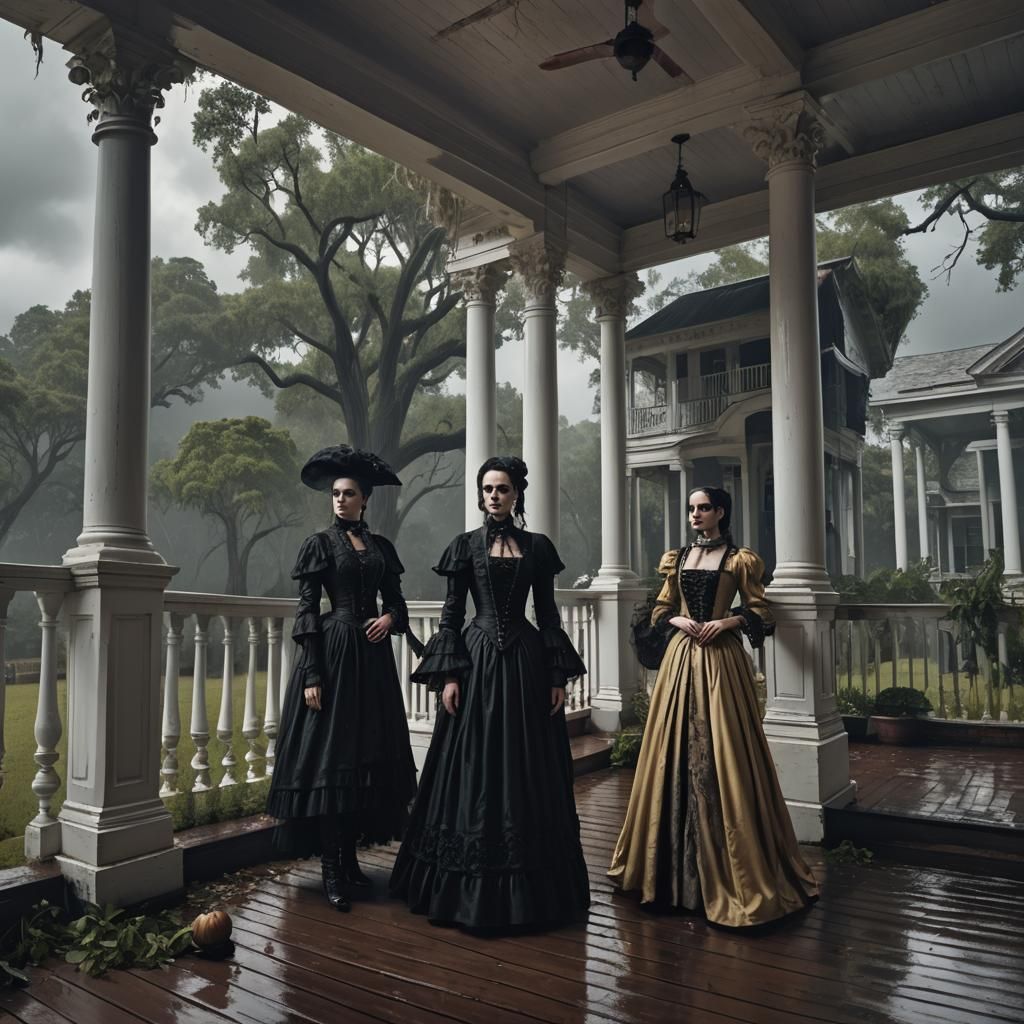 Gothic Women on Stormy Plantation Porch