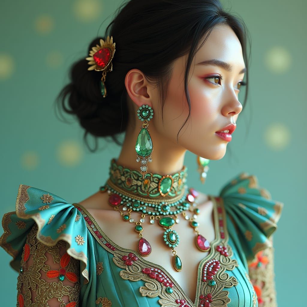 Stunning Woman in Embroidered Dress, Hyperrealistic Digital ...
