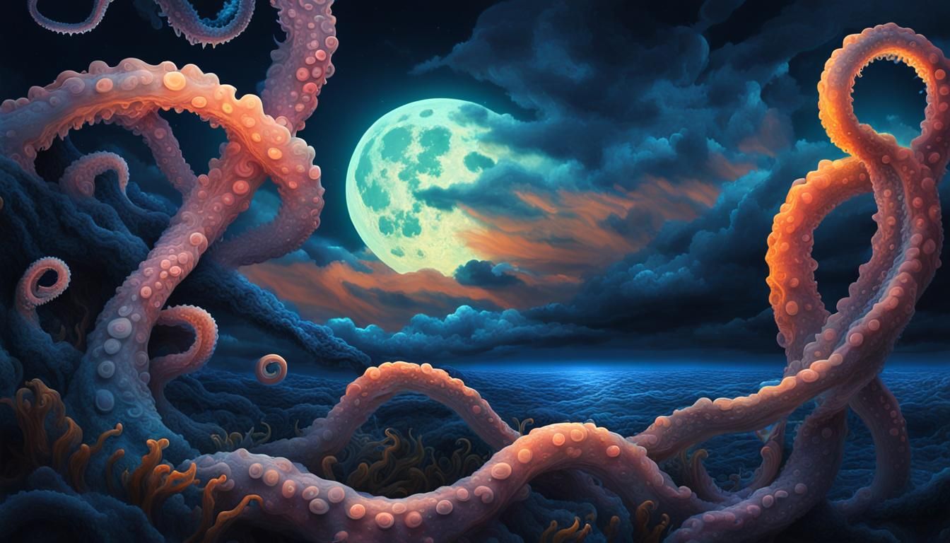 Ethereal Tentacle Embracing the Moon in Surreal Sky