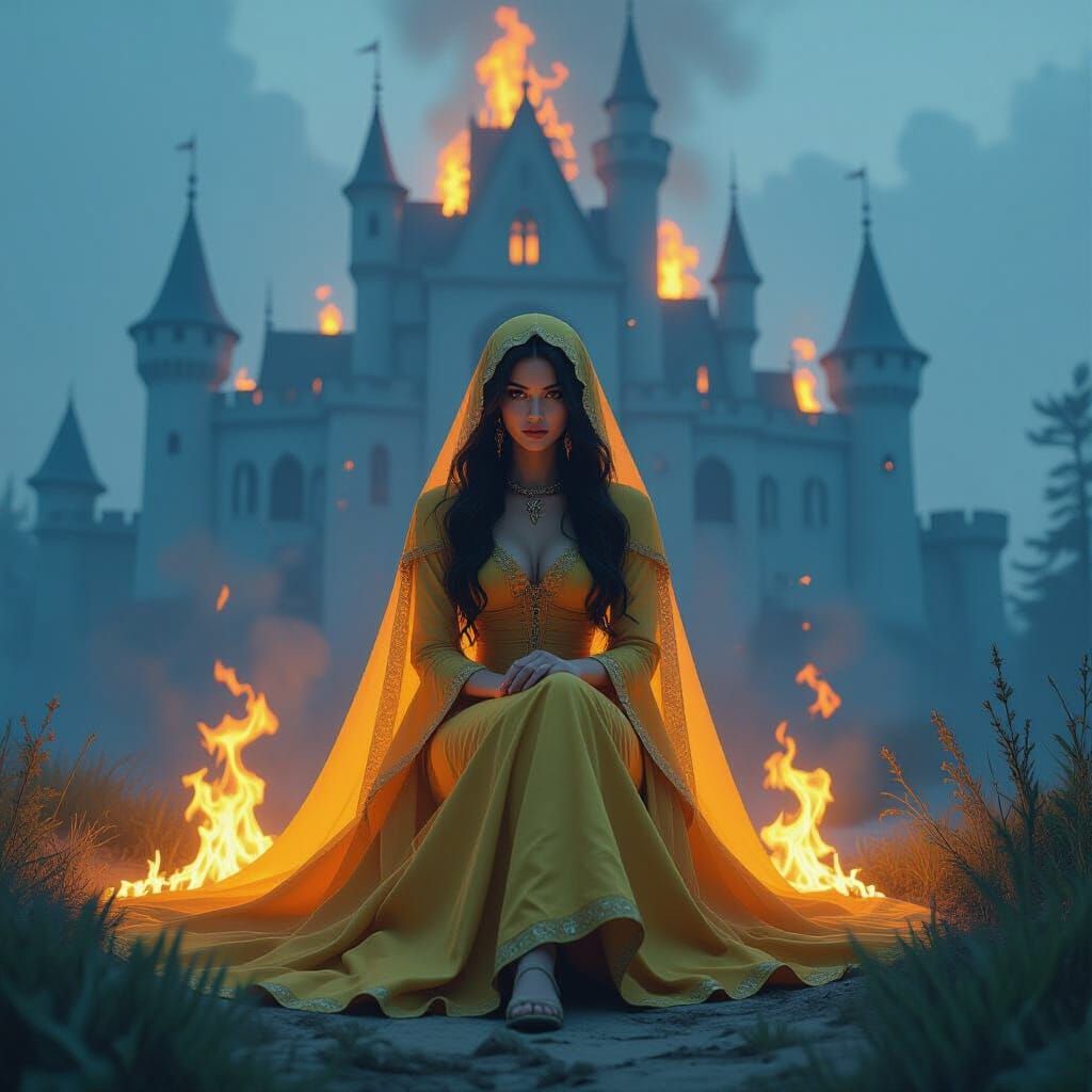 Mystical Seamstress in Burning Castle, Painterly Illustratio...