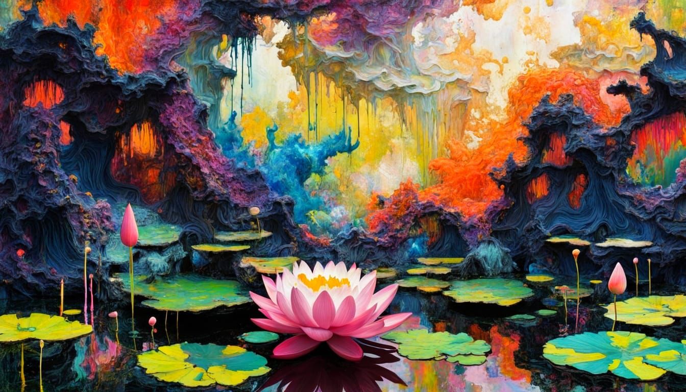 Surreal Dystopian Lotus Pond in Abstract Style