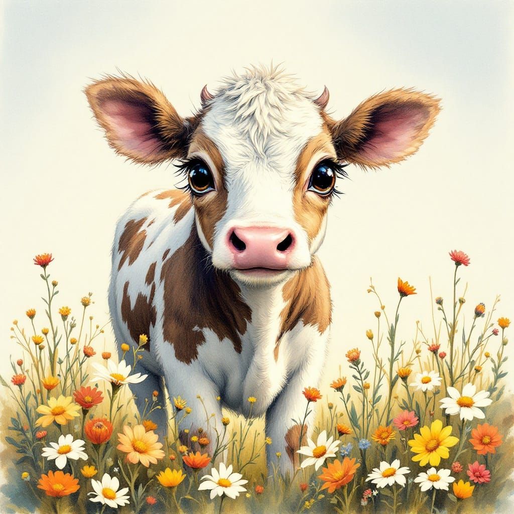Surreal Cow Portrait in Whimsical Watercolor Style