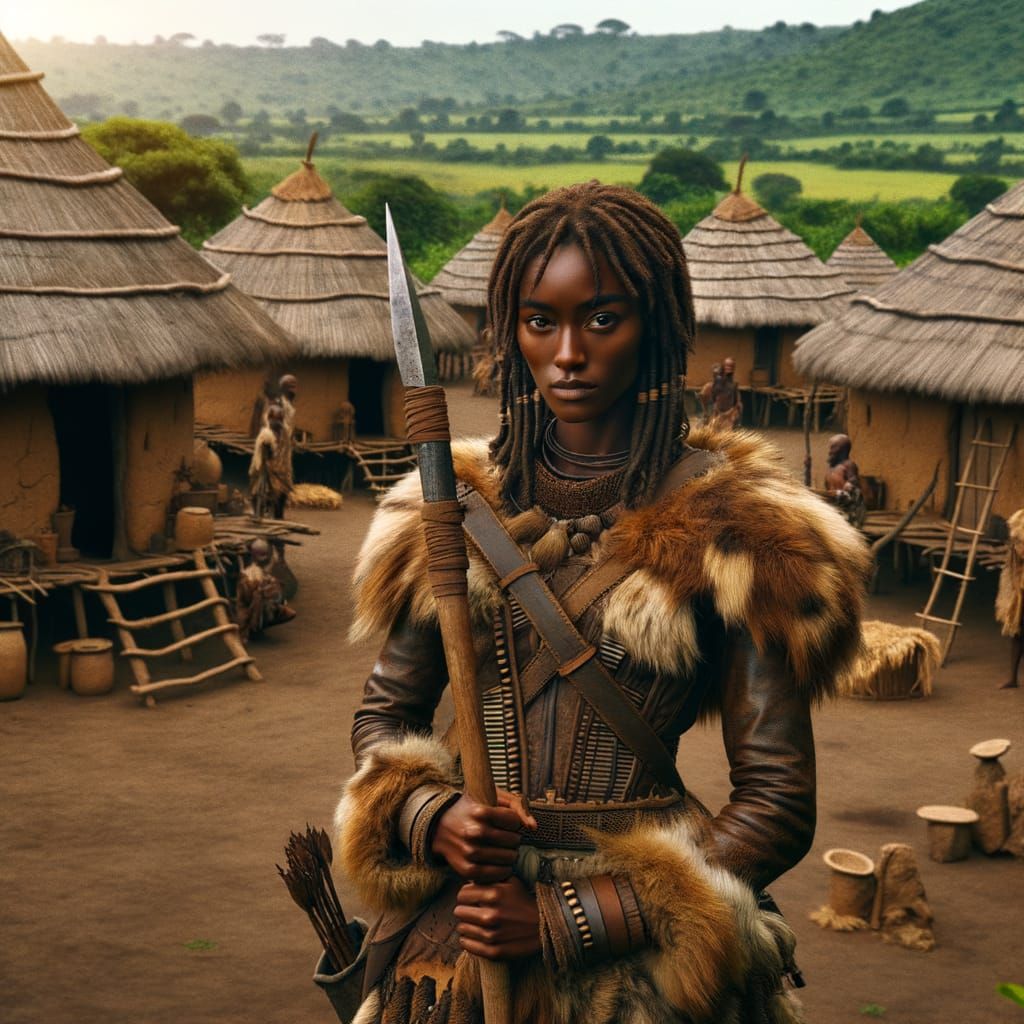 Medieval Bantu Warrior Woman Standing Guard in Traditional V...