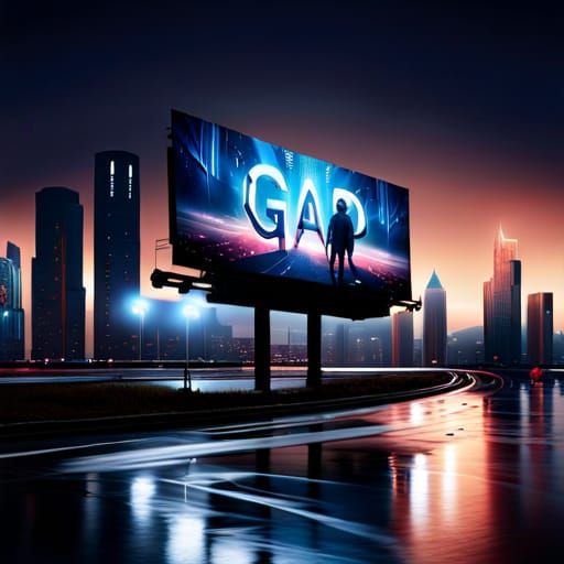 Glowing billboard on a rainy night in the city