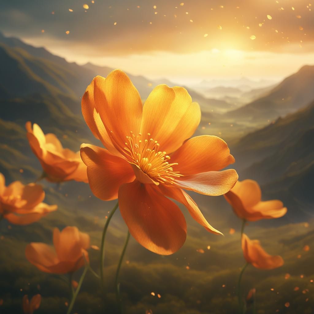 Orange Petals Fall in Golden Valley: Digital Painting