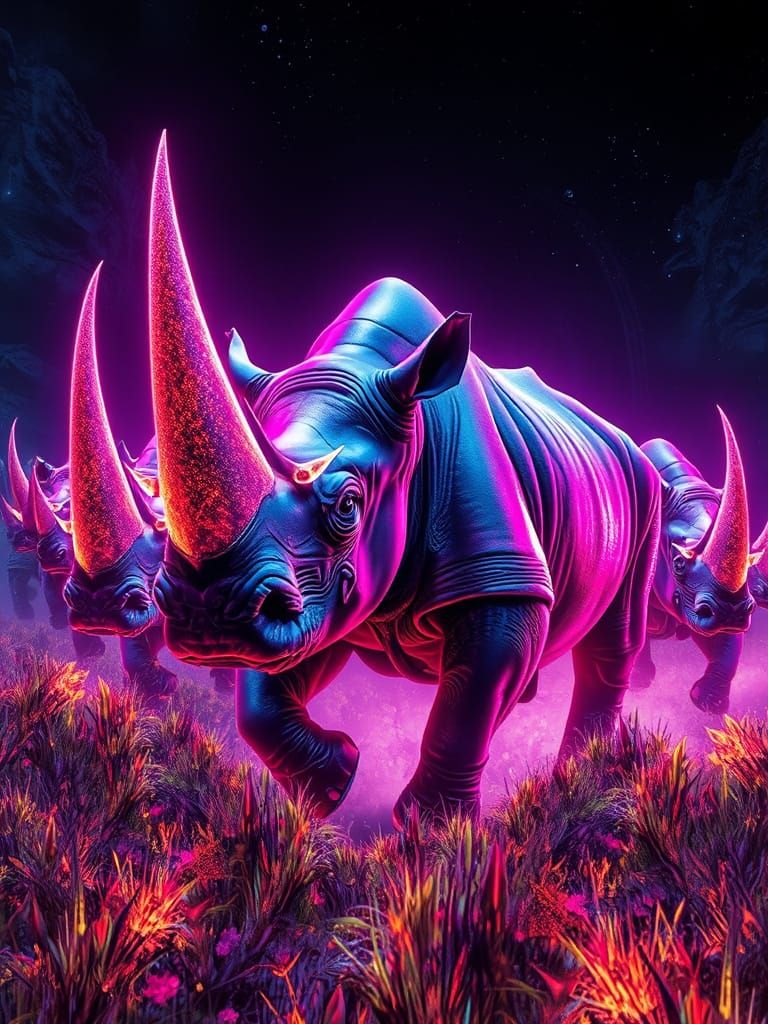 Neon Jungle Rhinoceros in Digital Matte Painting Style