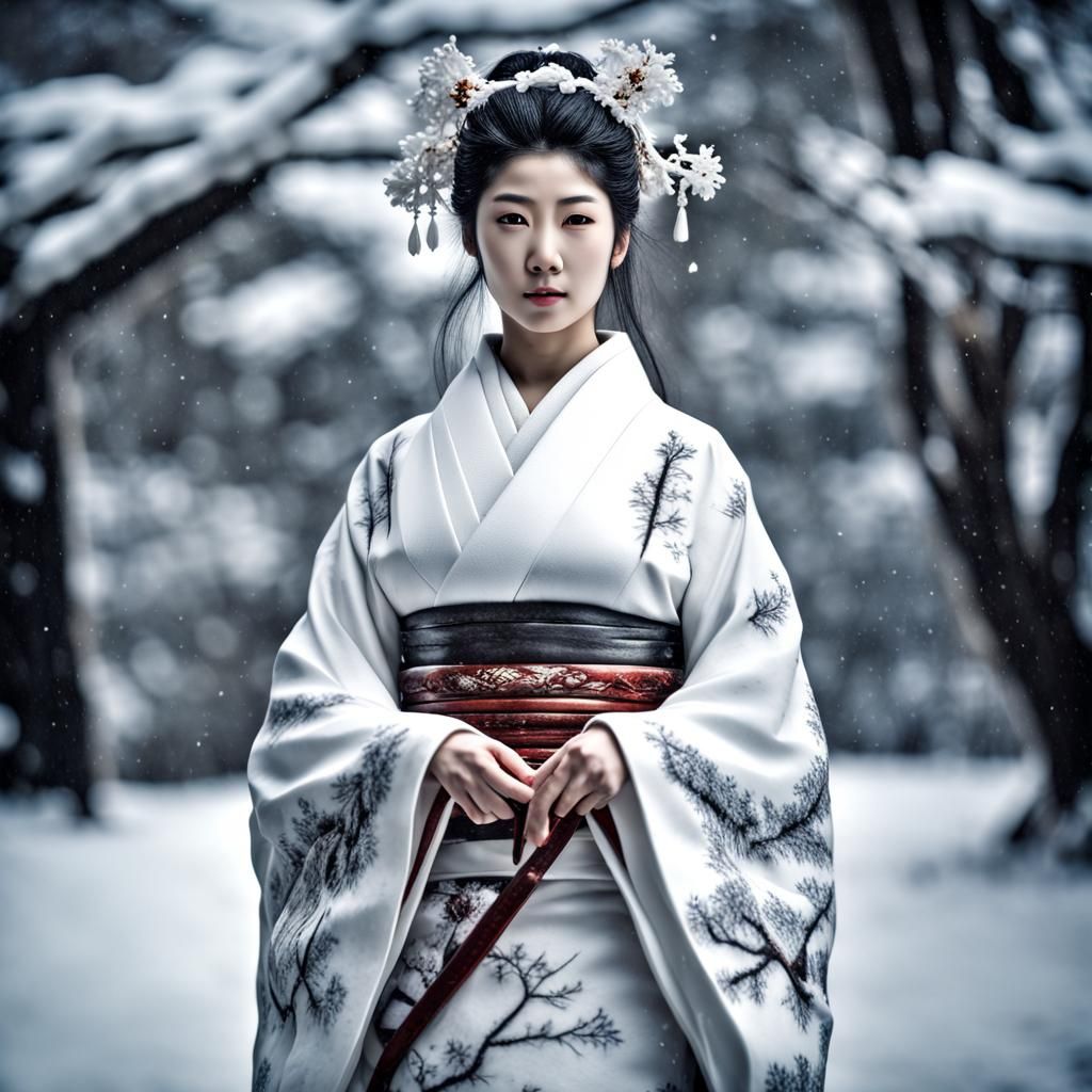 Snow Goddess in White Kimono: Hyperrealistic Portrait