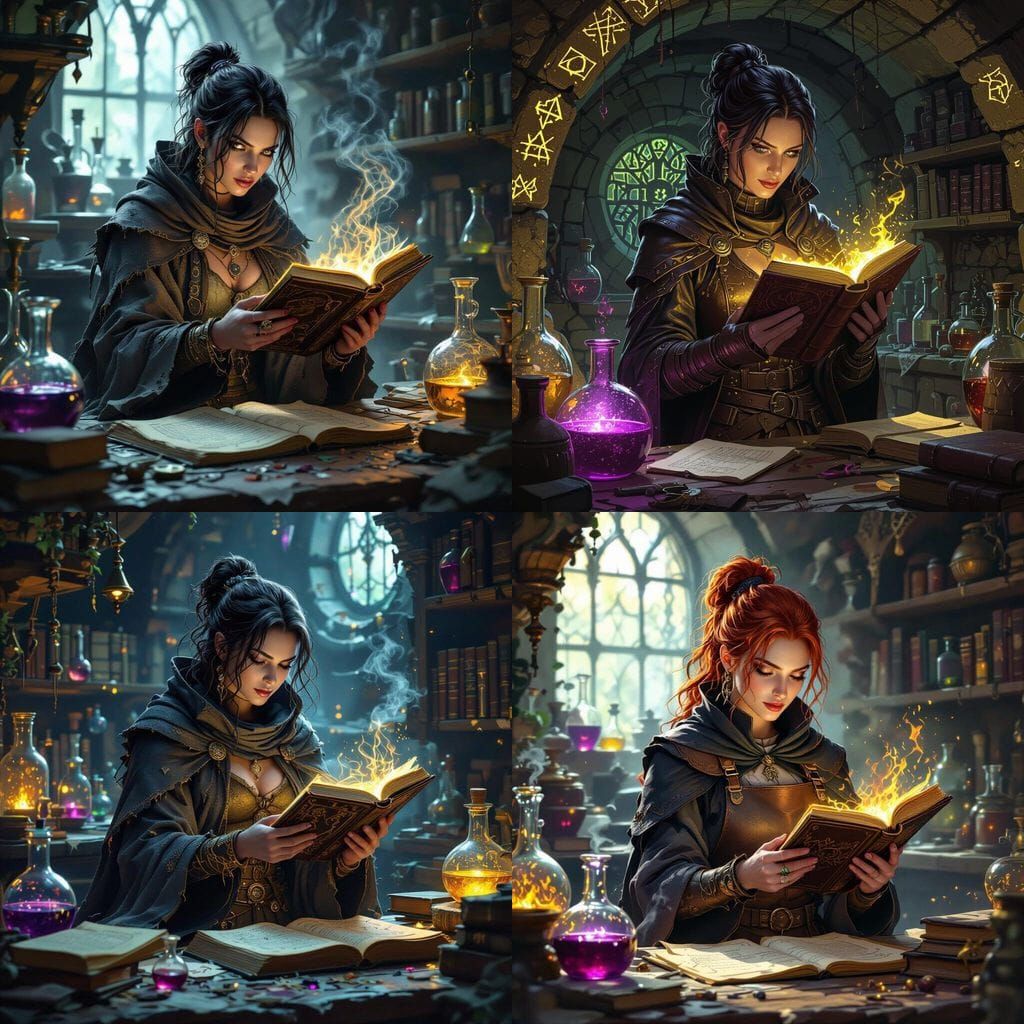 Grimdark Female Alchemist in Cluttered Lab