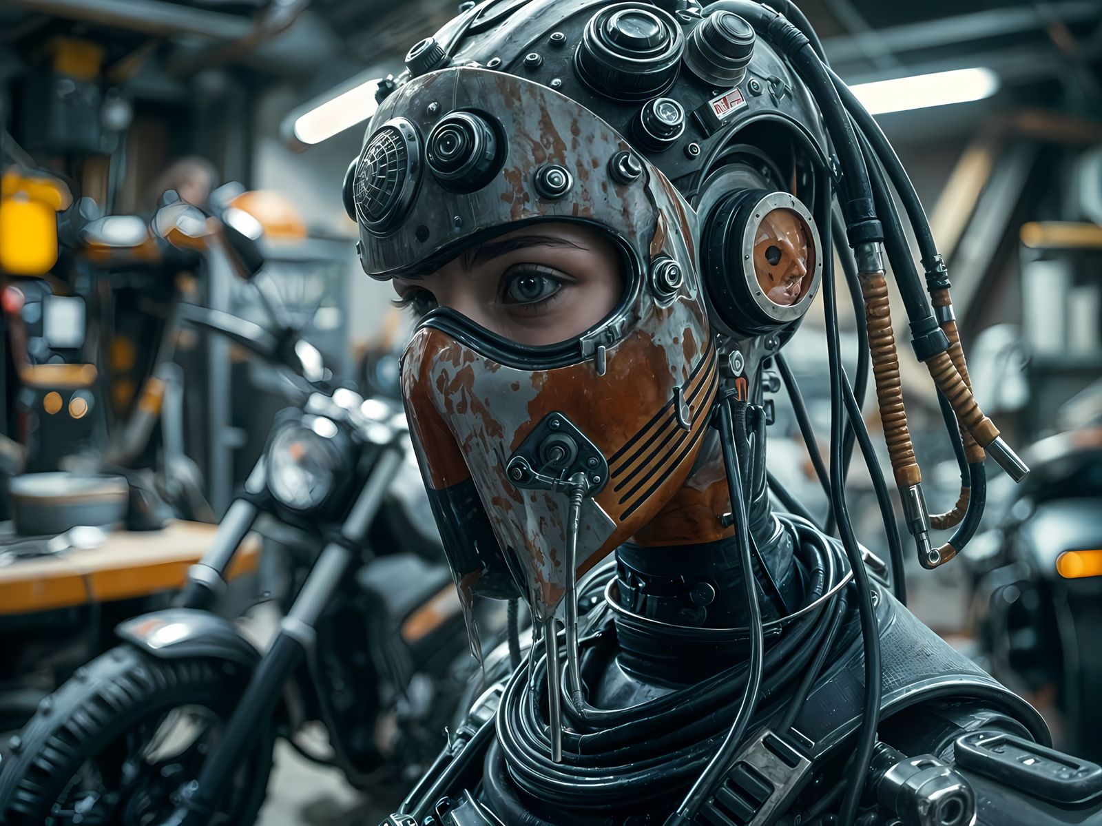 Female Mechanic Robot in Neon Grease Steampunk Garage