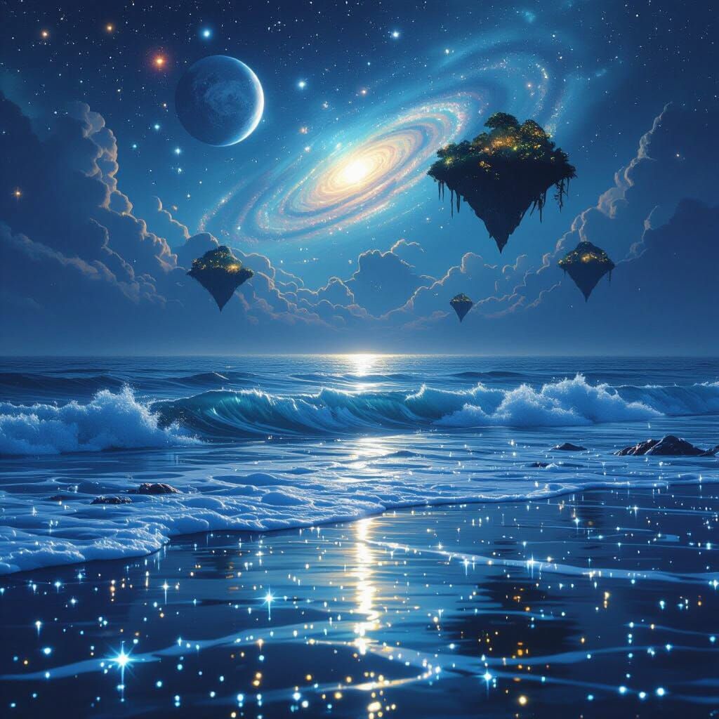 Bioluminescent Ocean Reflecting Starry Night Sky