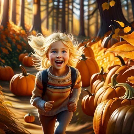 Joyful Girl Running in Hyperrealistic Pumpkin Patch