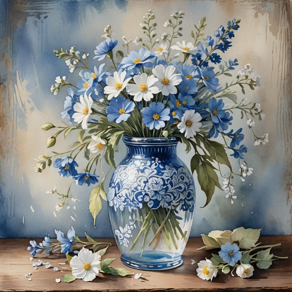 Watercolor Flowers in Ornate Jar
