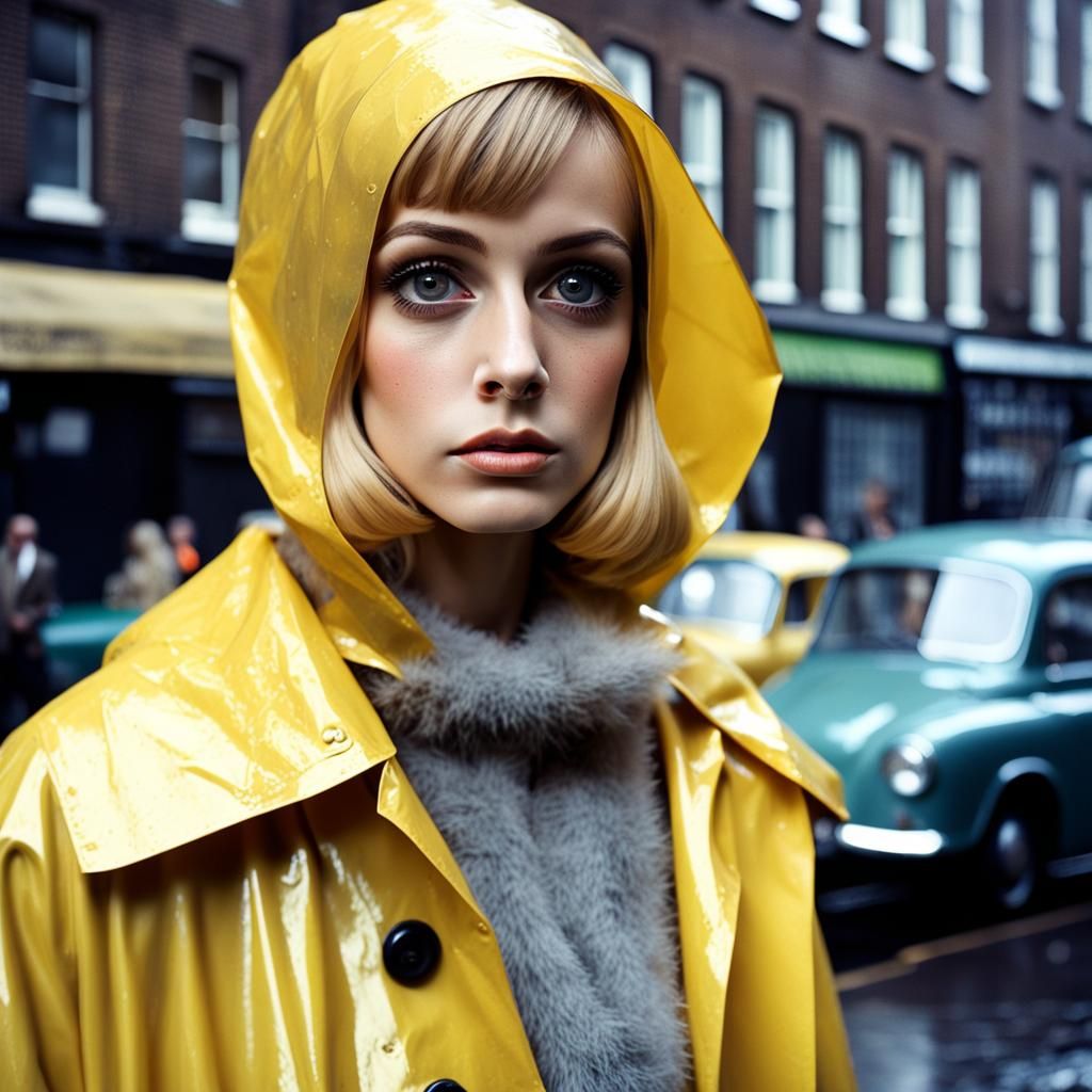 1960s Girl in London Rain: Realistic Photo