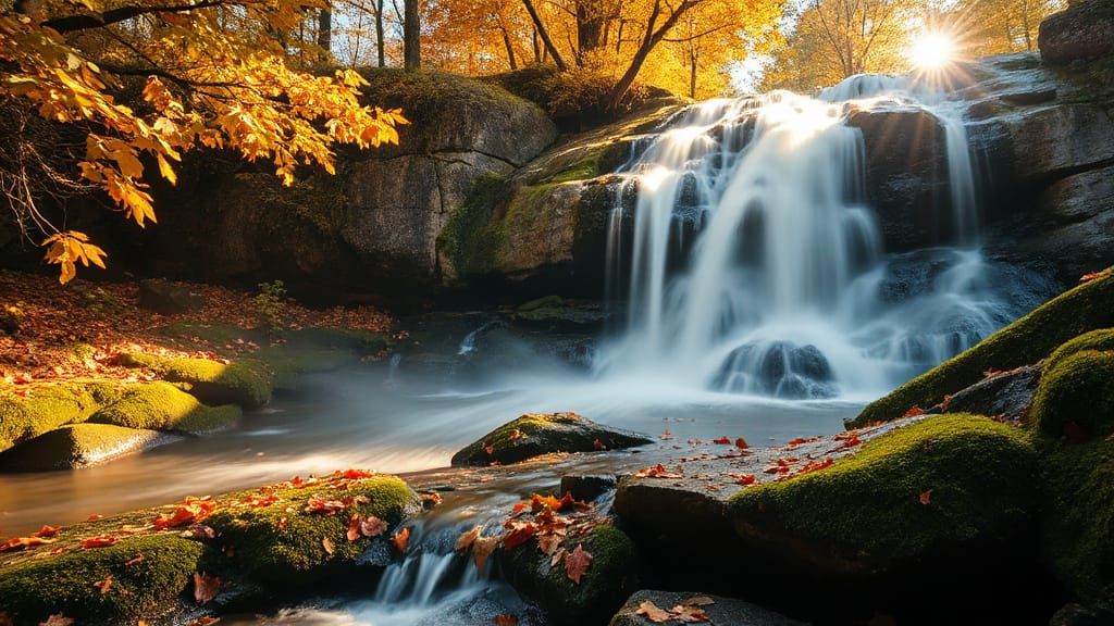 Golden Hour Autumn Waterfall in Hyperrealism