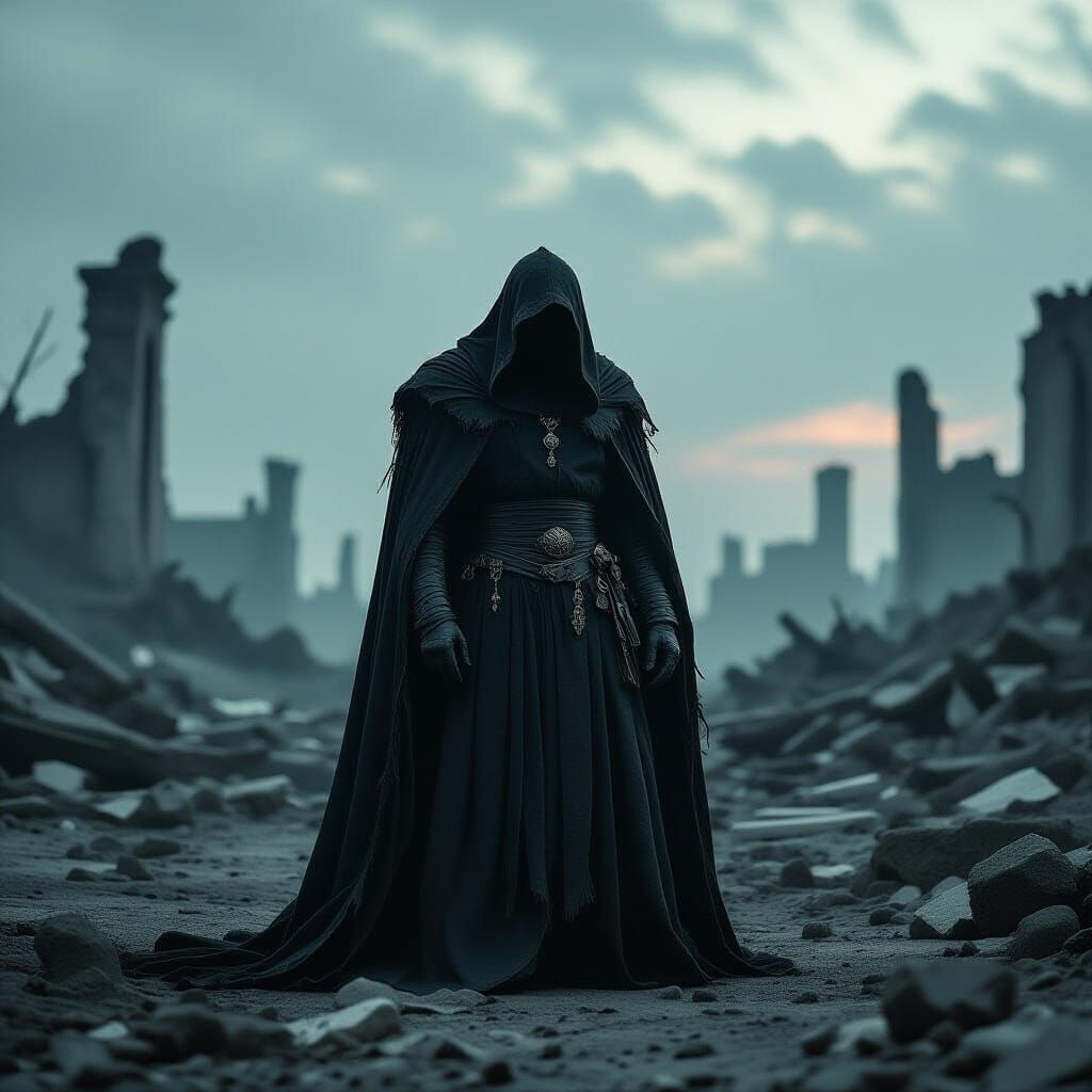 Defeated Dark Sorcerer in War-Torn Landscape