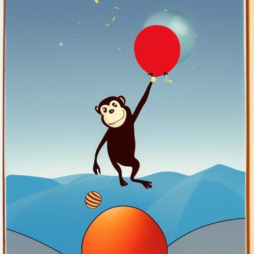 Monkey Astronaut with Planet Balloon