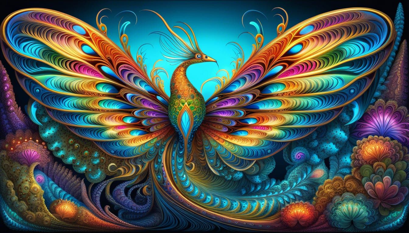 Surreal Flying Beast with Fractal Wings in Metallic Colors