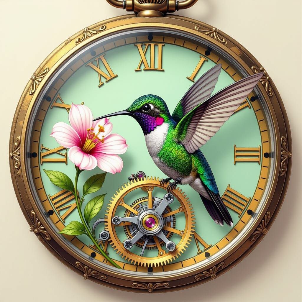 Hummingbird Sipping Nectar in Steampunk Pocket Watch