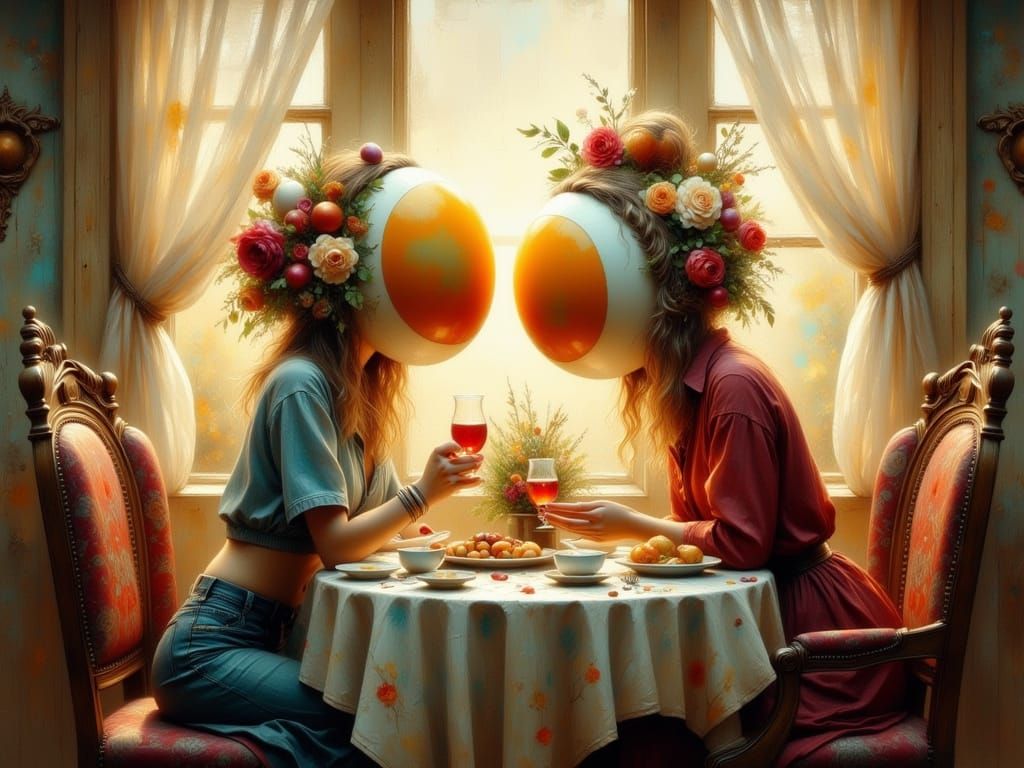 Romantic Breakfast Scene in Impasto Oil Painting Style