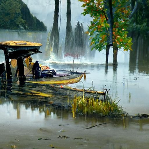 Rainy Lake Day in Oil Painting Style