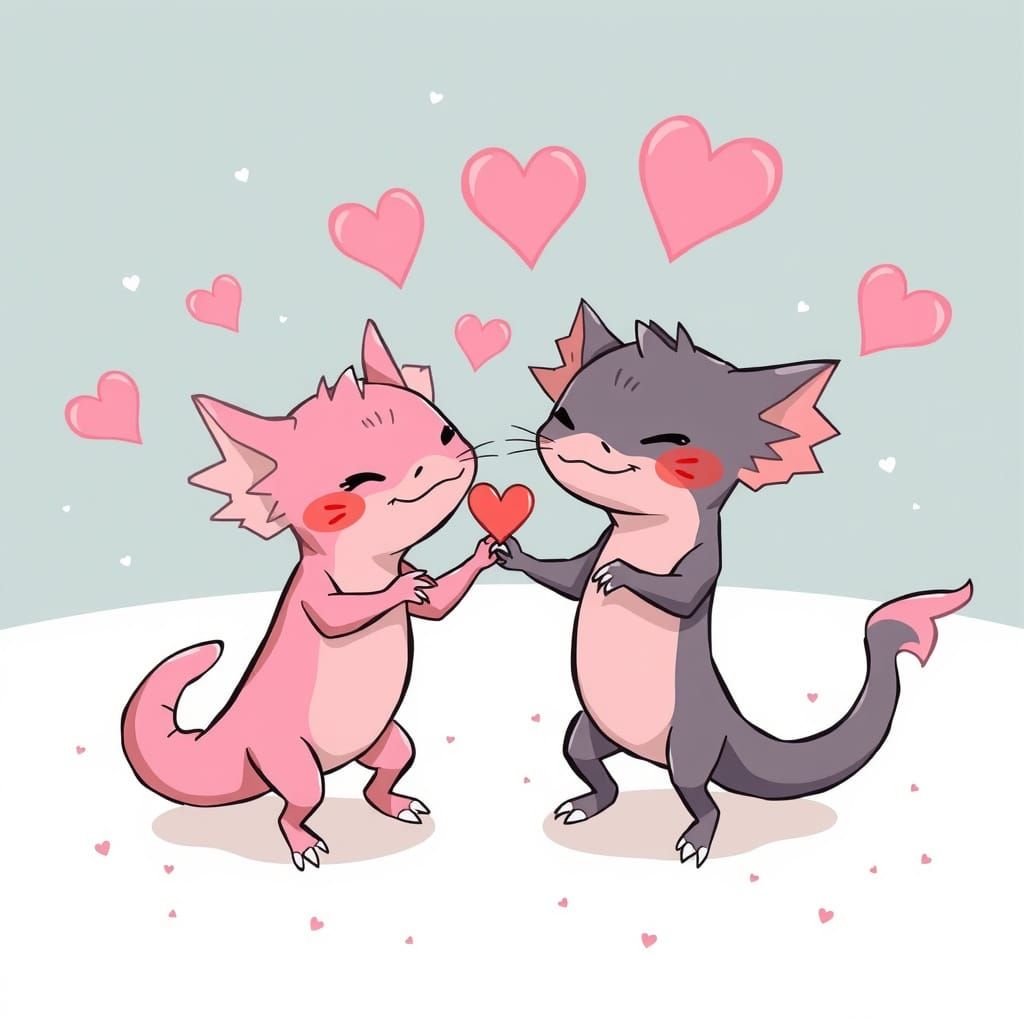 Axolotl Lovers Dancing in a Dark Valentine's Day Cartoon