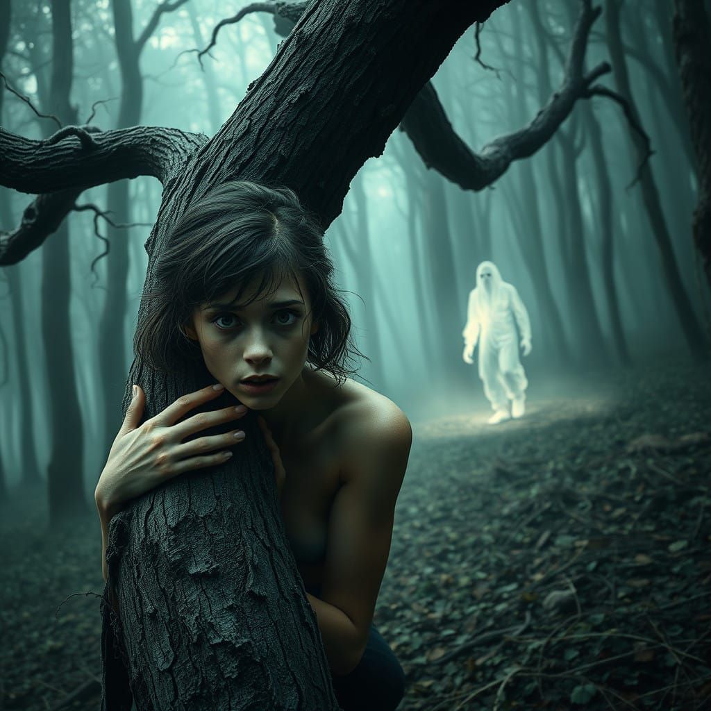 Frightened Woman in Haunting Forest Landscape