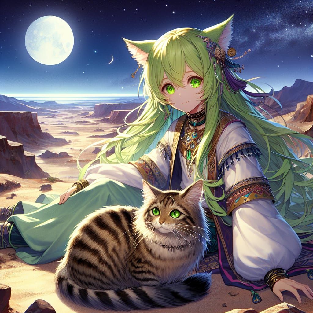 Anime Girl with Ringtail Cat in Desert Night