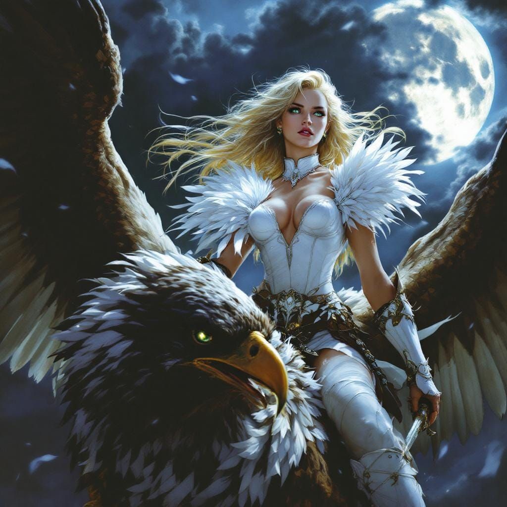 Moonlit Female Warrior on Giant Hawk