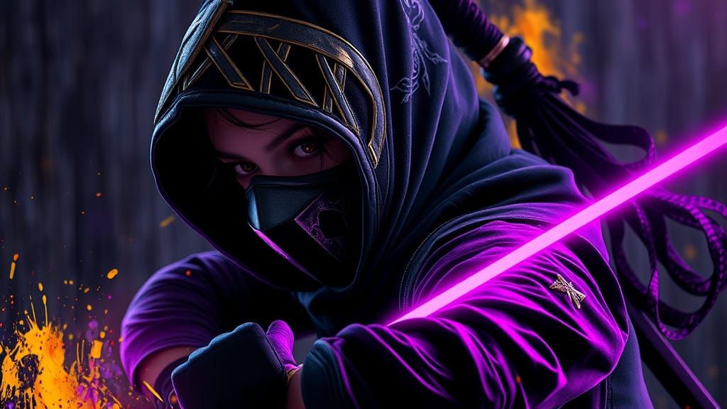 Glowing Cyberpunk Ninja in Dark Urban Landscape