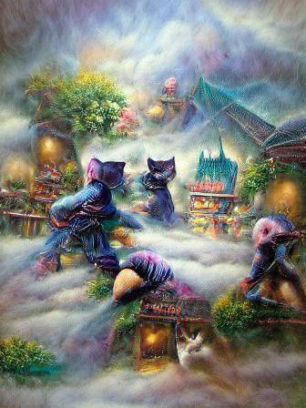 Ninja Cats in Ethereal Fantasy Landscape