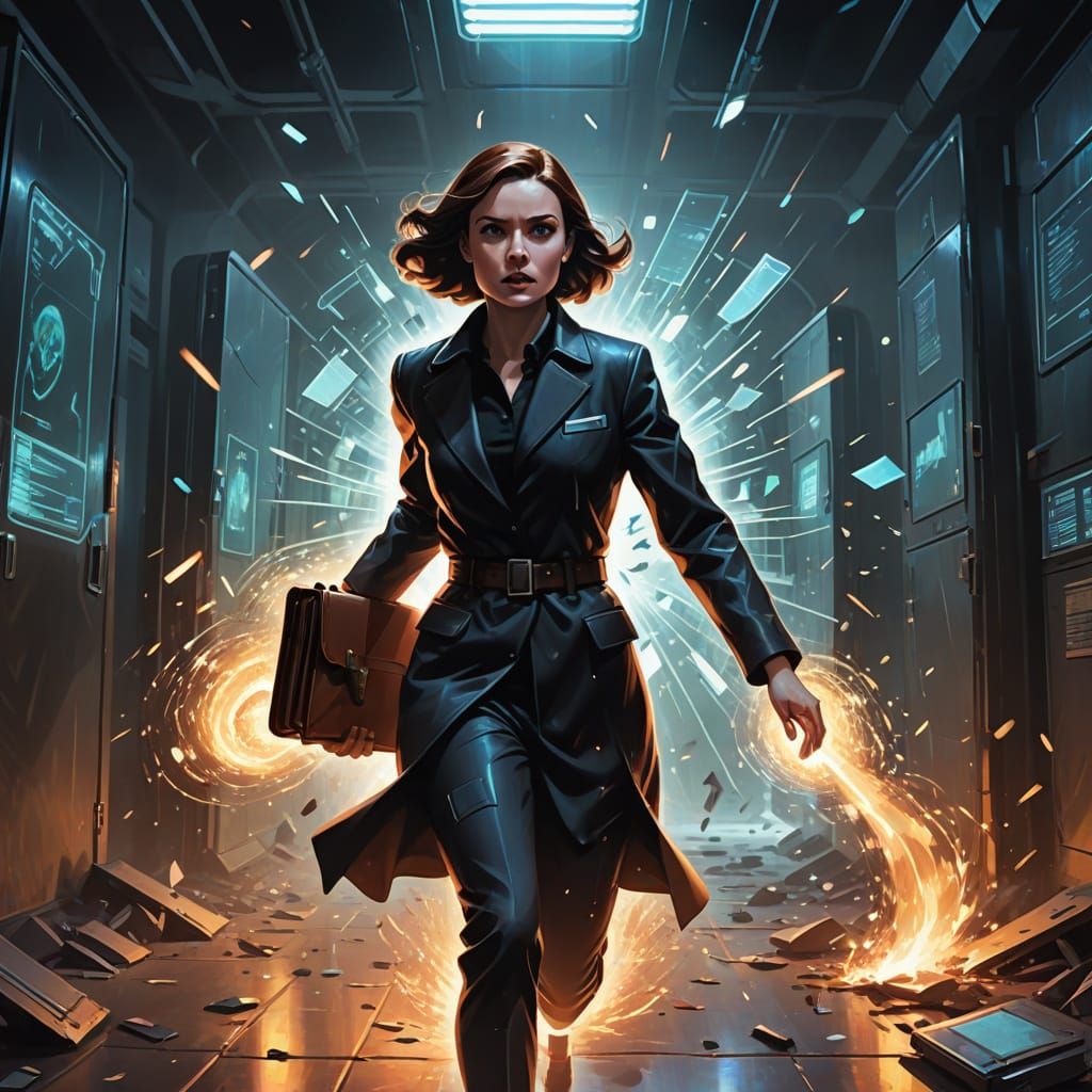 Woman Running Through Spy Base with Glowing Briefcase