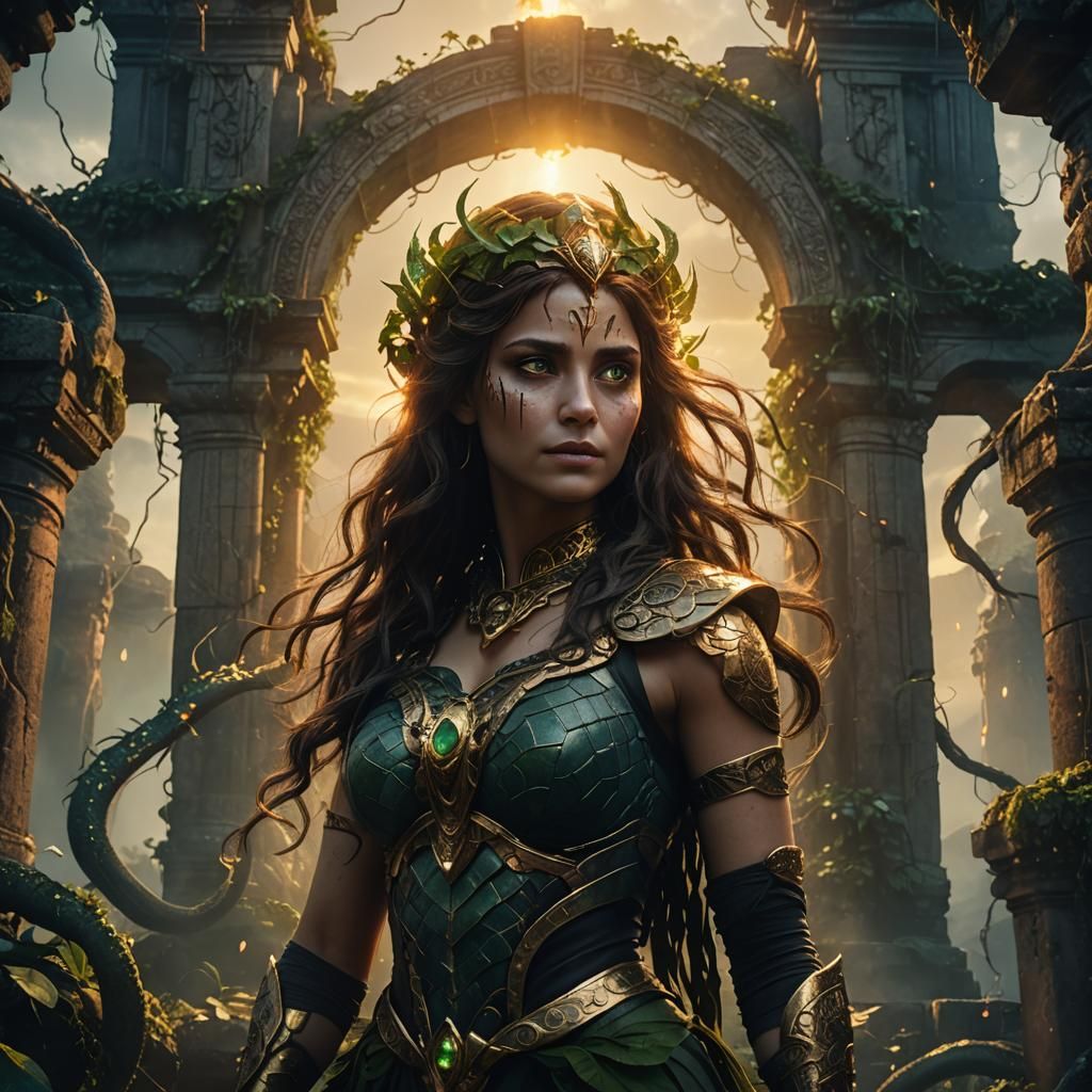 Majestic Lamia Portrait on Ancient Temple Ruins