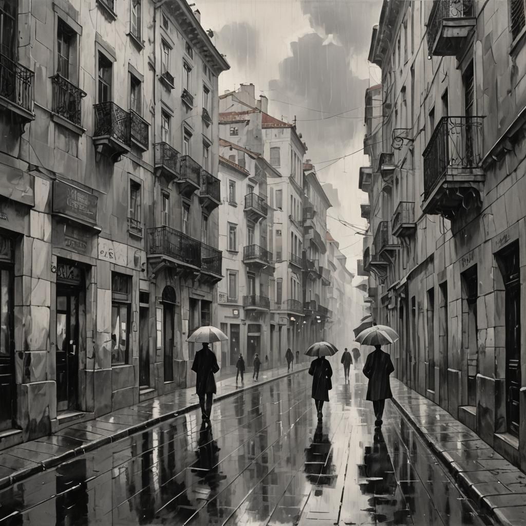 Cubist Lisbon Street Scene in Black and White