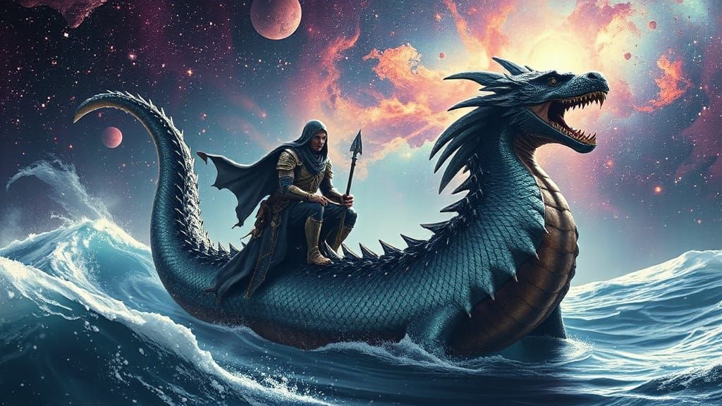 Warrior Rides Sea Serpent Across Nebula Ocean